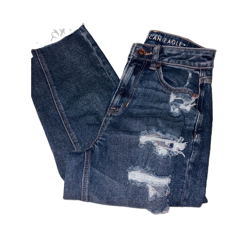 American Eagle Comfort Stretch Women's Mom Jeans Sz 0 Regular‎ Dark Wash Ripped